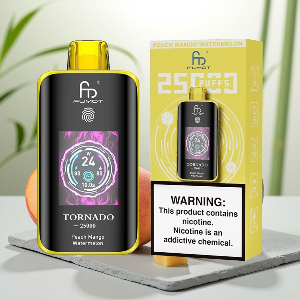 Fumot Tornado 25000 Pufuri - Ecran HD, 700mAh, 20ml, 0/2%/3%/5% Nicotina, Pespe Mango Pepene Galben