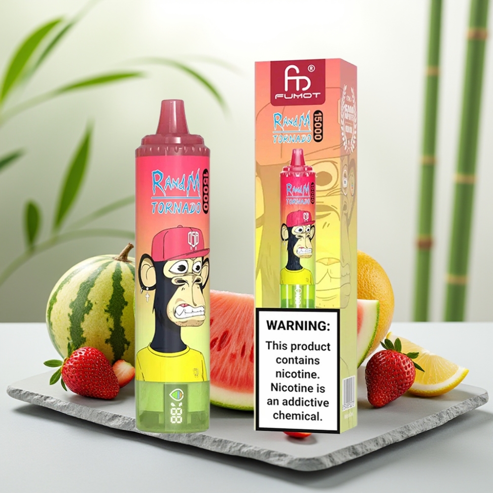 Fumot RandM Tornado 15000 Pufuri Capsa 25ml Nicotina 5% Capsa Mesh Aroma Capsuni Pepene Galbene Limonada