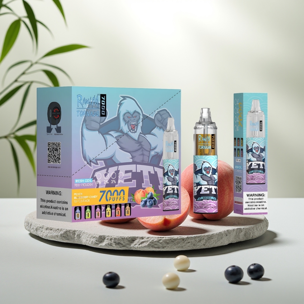 Fumot Tornado 7000 Disposable Vape Piersică Afină Bomboană, 7000 Pufuri, 14 ML, 850 MAH, Rețea, Type-C, RGB, 0-5% Nicotină, Ajustabil Aer